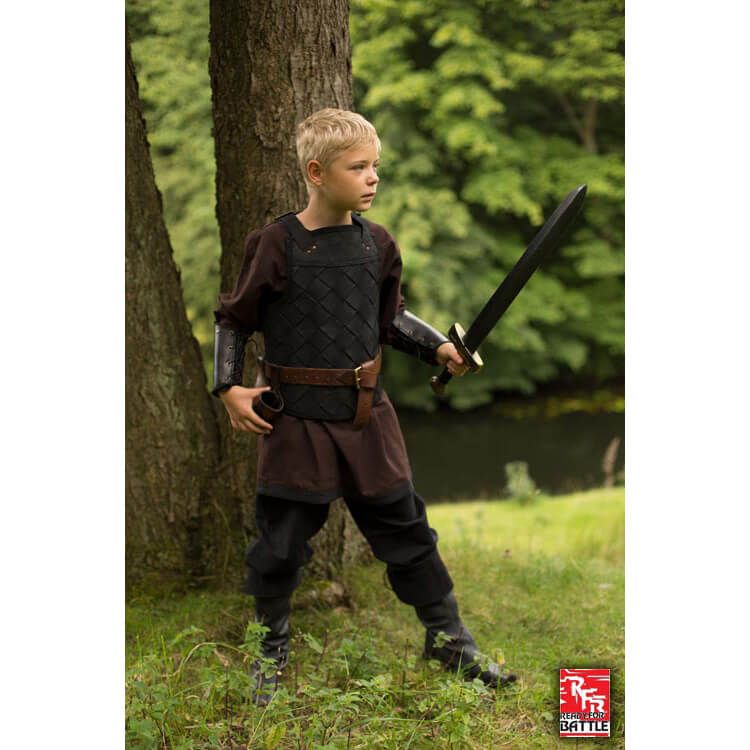 The black RFB leather armor worn by a child from the front