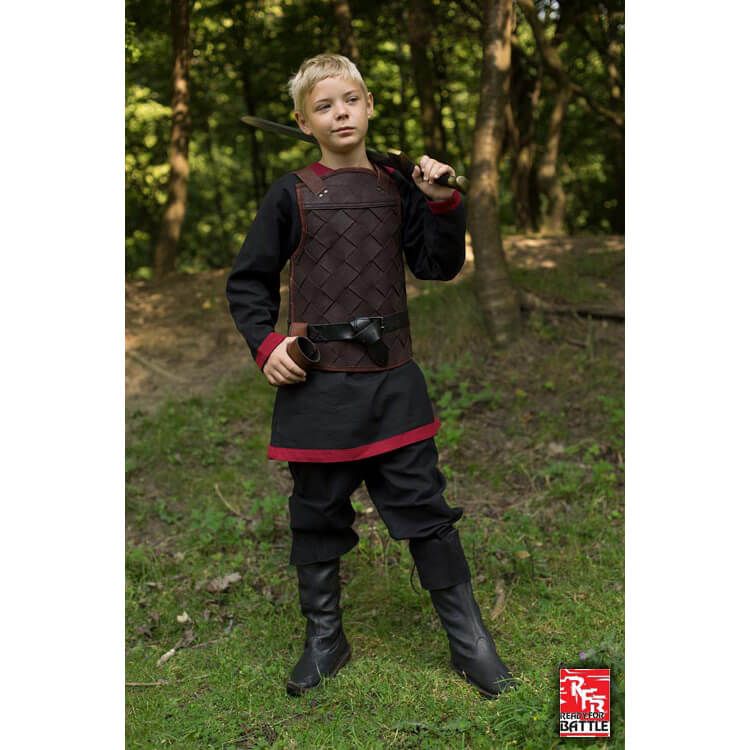 The brown RFB leather armor worn by a Viking child from the front